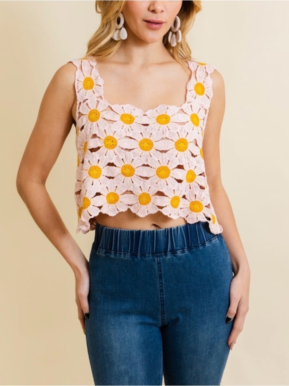 Spring Daisy Crochet Crop Top Pink Sunflowers with Yellow Centers XS/S